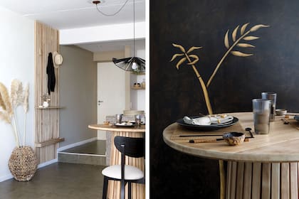 El ingreso se pintó con el tono ‘Pórtico’ de Sherwin Williams. El panel varillado aporta textura, suma madera sin ser mueble, sectoriza, marca la transición entre colores y niveles, y funciona como perchero.