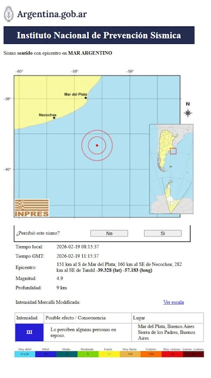 El Instituto Nacional de Prevención Sísmica (INPRES) señaló que el temblor tuvo una magnitud de 4.9