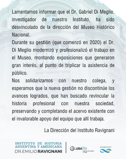 El Instituto Ravignani emitió un comunicado y criticó la decisión del Gobierno