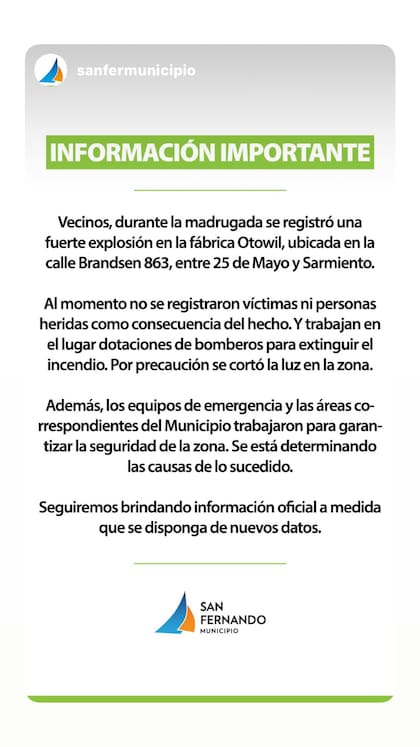 El intendente de San Fernando, Juan Andreotti, compartió en las redes sociales un comunicado de la municipalidad sobre el incendio de la fábrica