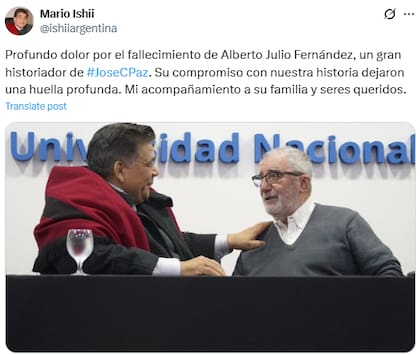 El intendente Mario Ishii expresó su "profundo dolor" tras la muerte de Fernández Bodue en X (Fuente: @ishiiargentina)