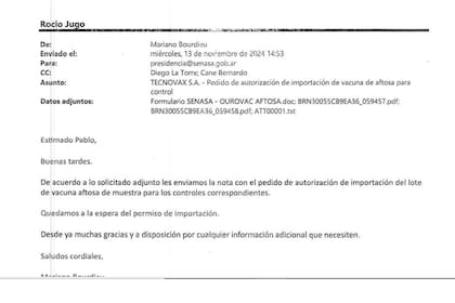 El intercambio de correos entre Presidencia de Senasa y el apoderado de Tecnovax
