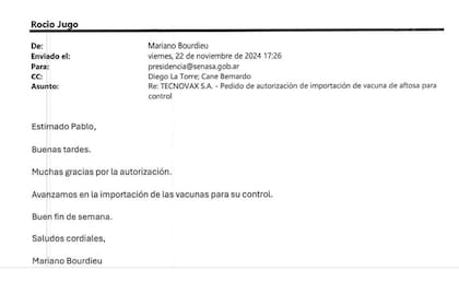 El intercambio de correos entre Presidencia de Senasa y el apoderado de Tecnovax