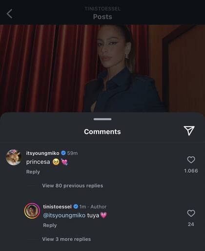 El intercambio de mensajes de Young Miko y Tini en las redes (Foto: Instagram)