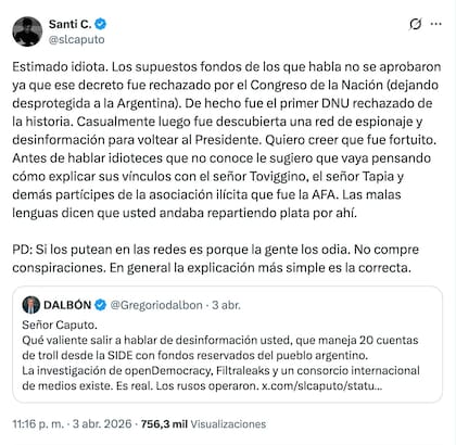 El intercambio entre Gregorio Dalbón y Santiago Caputo en X