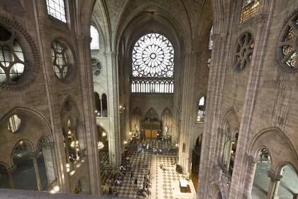 El detalle del interior de la catedral de Notre Dame en París tomado con una cámara panorámica