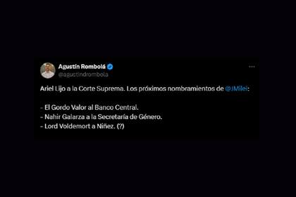 El irónico tuit del presidente de la Juventud Radical en CABA, Agustín Rombolá, sobre la nominación de Ariel Lijo a la Corte Suprema