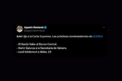 El irónico tuit del presidente de la Juventud Radical en CABA, Agustín Rombolá, sobre la nominación de Ariel Lijo a la Corte Suprema