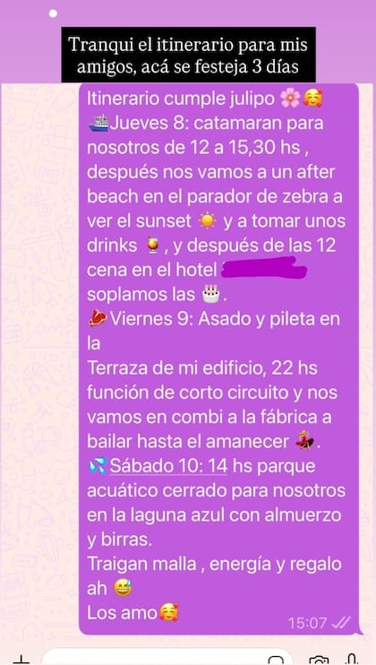 El itinerario completo del cumpleaños de Julieta Poggio