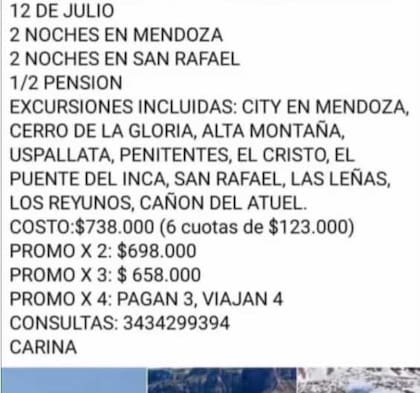 El itinerario que ofrecía Carina Spahn, acusada de estafa.