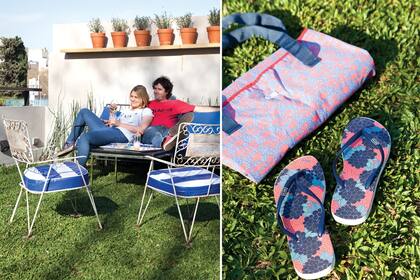 El jardín, con un césped que parece una alfombra, tiene un sillón de hierro negro con un almohadón de tela vinílica a rayas y un juego de silloncitos vintage comprados en el mercado de pulgas. Lona y ojotas (Seco, $490 y $270)