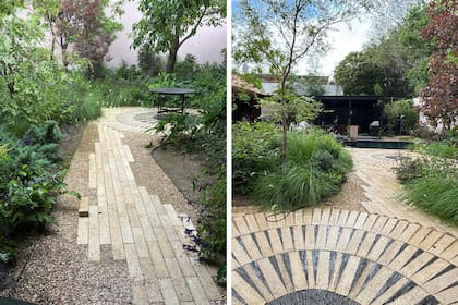 El jardín se despliega como un espacio contemplativo, con plazas circulares, árboles y recorridos que invitan a disfrutar el entorno.