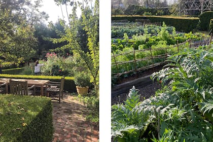 El jardín también tiene estructuras podadas que sectorizan y ordenan el espacio (foto izquierda) y una gran huerta (foto derecha).