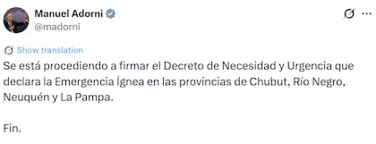 El jefe de Gabinete, Manuel Adorni, anunció la firma del decreto para asistir a las provincias del sur tras la reunión de la mesa política en Casa Rosada (X: @madorni)