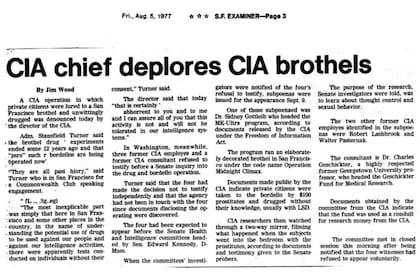 "El jefe de la CIA deplora los burdeles de la CIA", dice un artículo del diario de San Francisco del año 1977