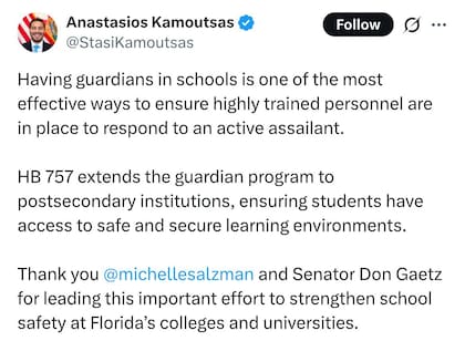 El jefe de Seguridad Escolar de Florida, Anastasios Kamoutsas, defendió en sus redes sociales el proyecto de ley HB 757