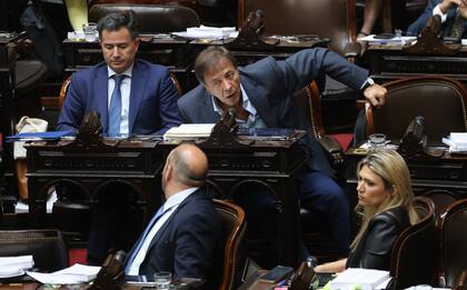 El jefe del bloque de La libertad Avanza, Oscar Zago, junto a parte de su bancada