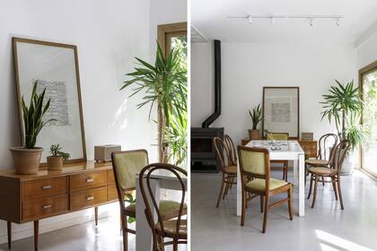 El juego de comedor y la consola fueron hallazgos de María Eugenia, que luego restauró. El cuadro es obra suya. Hogar (Tromen). Riel de spots (Griscan).