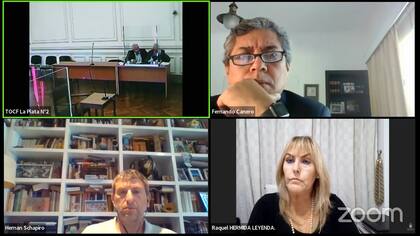 El juez federal Fernando Canero, arriba, y el fiscal Hernán Schapiro y la abogada querellante Raquel Hermida Leyenda, abajo