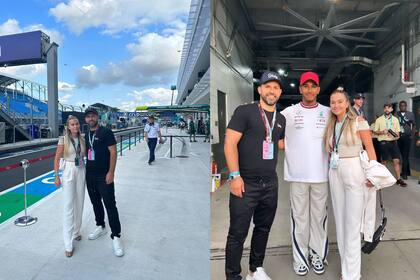 El Kun Agüero y Sofía Calzetti se fotografiaron junto a Lewis Hamilton en Miami
