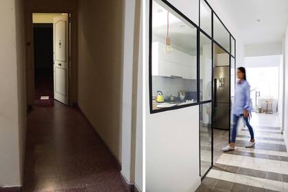 El largo pasillo de acceso corre en paralelo a la cocina (integrada por un cerramiento de vidrio repartido) y desemboca en el comedor.
