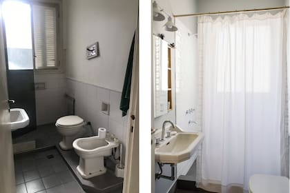 ANTES Y DESPUÉS. Removiendo el bidet, ampliaron la ducha. El lavatorio empotrado es de los pocos detalles que sobrevivieron del baño original. 