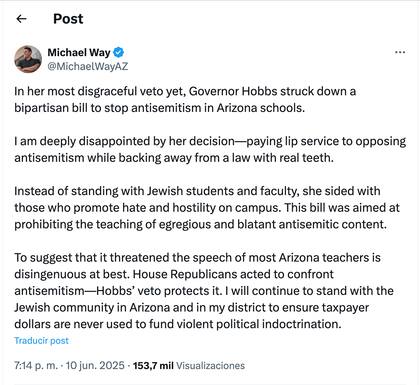 El legislador Michael Way se mostró en contra del veto y calificó la acción como decepcionante. Foto: X