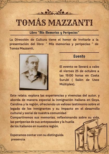 El libro de Mazzanti indaga en la inmigración italiana en Goya, como muestra el aviso de su presentación