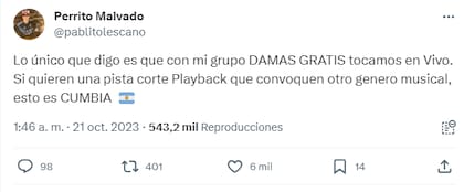 El líder de Damas Gratis publicó una serie de tuits contra la banda de cumbia villera y no se guardó nada  (Foto: captura X)