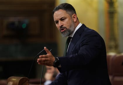El líder de Vox, Santiago Abascal, interviene durante una sesión plenaria en el Congreso de los Diputados