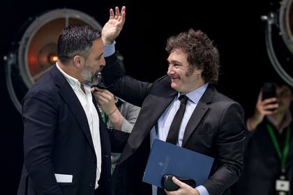El líder de VOX, Santiago Abascal, y el presidente Javier Milei, en el acto "Viva 24", del partido español de ultraderecha, en mayo de 2024.