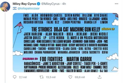 El lineup del festival de Lollapalooza fue compartido por Miley 