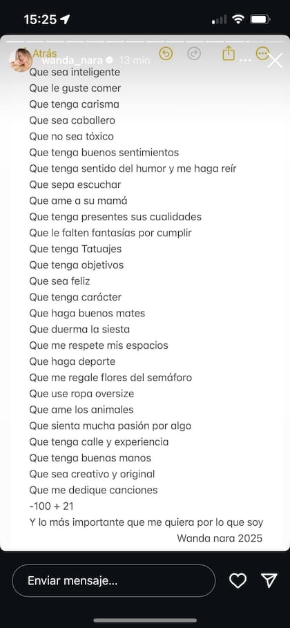 El listado que compartió Wanda Nara sobre lo que tiene que tener su próximo amor