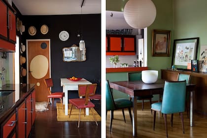 El living está integrado al comedor con vajillero antiguo y sillas años 60 retapizadas. Del otro lado de la barra, la cocina con desayunador. El dibujo de la puerta está inspirado en las formas de Alexander Calder.