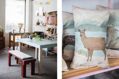 El espacio funciona como espacio de trabajo compartido, showroom y sala de talleres. A la derecha, textiles que difunden la fauna nativa de Fauna Querida.