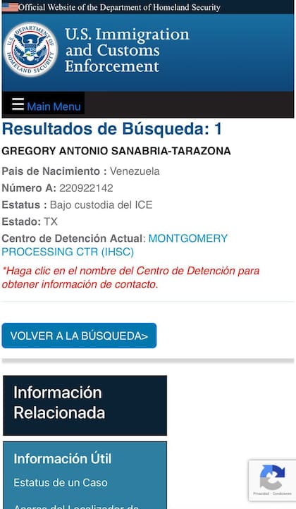 El localizador de ICE confirma que Gregory Sanabria se encuentra en un centro de detención en Texas