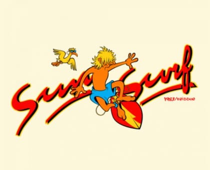 El logo oficial de Sun Surf. Luego, éste fue mutando hacia diferentes versiones que incluían a todas las "mascotas" y los personajes de la marca.