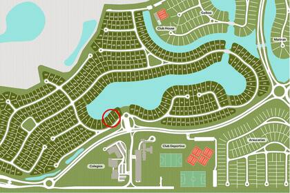 El lote número 3, donde está la casa desde donde salió el joven en kayak, marcado en el mapa del country