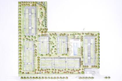 El lote en forma de 'L' tendrá una circulación perimetral de caminos ondulantes y en zigzag con árboles principalmente nativos como Lapacho, Jacarandá e Ibirá Pitá que acompañan la escala de los edificios. Acuarela de Clara Billoch