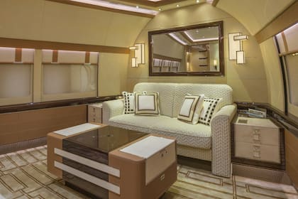 El lounge de la habitación principal del Boeing 747-8 diseñado por Alberto Pinto