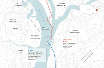 El lugar del accidente aéreo de American Airlines con un helicóptero militar, sobre el río Potomac (LANACION)