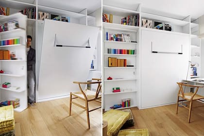 El lugar fue optimizado con un mueble de biblioteca con puerta y cama rebatible diseñado por el estudio Ábaton. Bajo la ventana, una mesa de trabajo rebatible con silla ‘Wishbone’