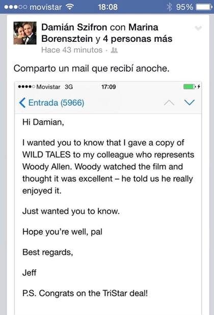 El mail que recibió Damián Szifrón donde le dicen que Woody Allen calificó de excelente a Relatos Salvajes