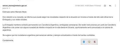 El mail que recibió Marcelo Mack de la Embajada de Argentina en Ucrania