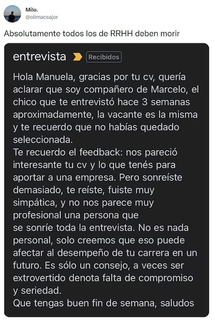 El mail se hizo viral en las redes sociales donde muchos internautas apenas podían dar crédito de la respuesta de los reclutadores
