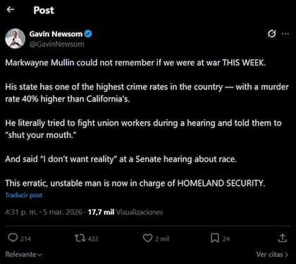 El mandatario californiano expuso la alta tasa de homicidios de Oklahoma en comparacin con su estado