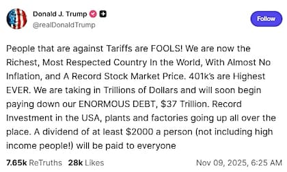 El mandatario propone redirigir los ingresos arancelarios para financiar cheques de dividendos de 2000 dólares