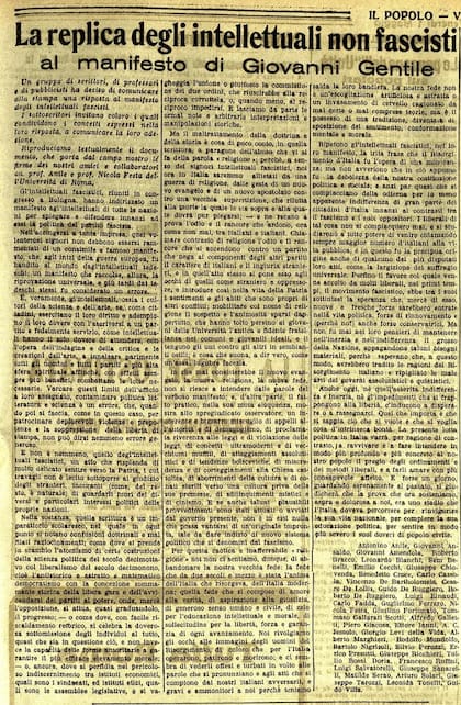 El Manifiesto de los Intelectuales Antifascistas se publicó en 1925, ante el ascenso de Benito Mussolini
