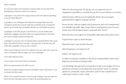 El manifiesto que Allen envió a su familia poco antes de abrir fuego en el Washington Hilton, en un intento de ataque contra el presidente Donald Trump