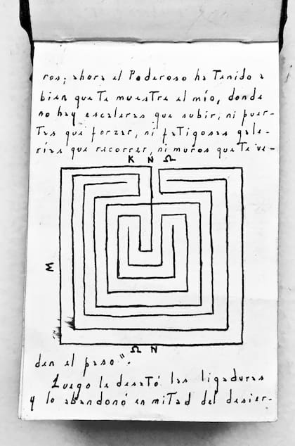 El manuscrito de "Historia de los dos reyes y los dos laberintos" incluye un dibujo de Borges